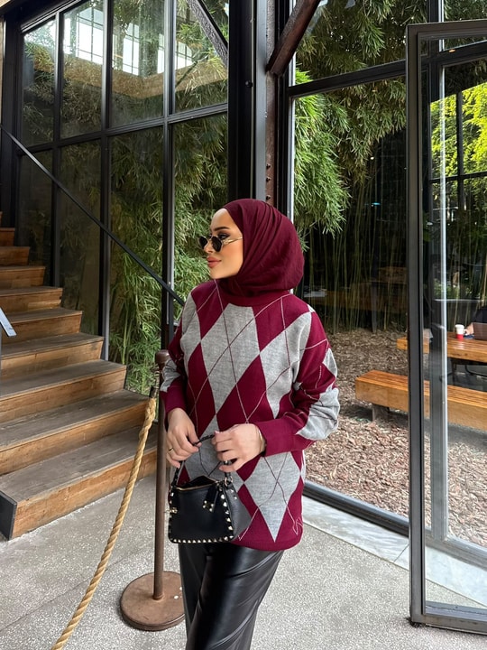 HR-3494H&R ButikPls- Baklava Desen Kazak Bordo Gri