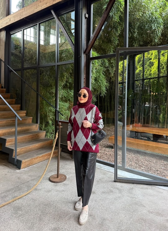 HR-3494H&R ButikPls- Baklava Desen Kazak Bordo Gri