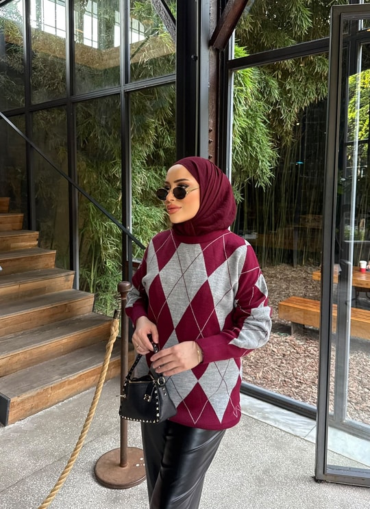 HR-3494H&R ButikPls- Baklava Desen Kazak Bordo Gri