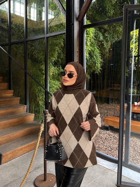 HR-3494H&R ButikPls- Baklava Desen Kazak Kahve