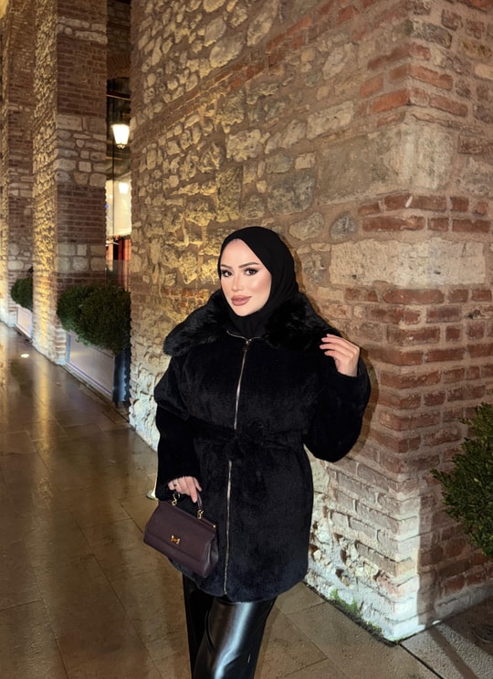 HR-3345H&R ButikQas- Libe Kürk Detaylı Mont Siyah
