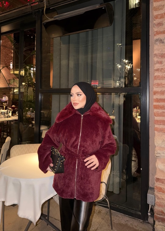 HR-3345H&R ButikQas- Libe Kürk Detaylı Mont Bordo