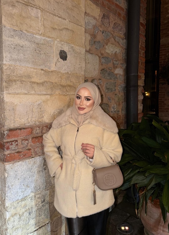HR-3345H&R ButikQas- Libe Kürk Detaylı Mont Bej
