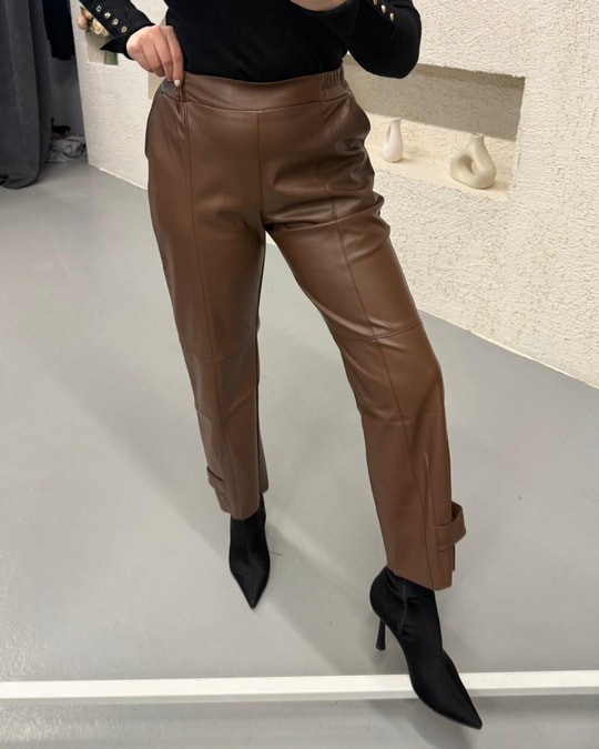 PANTLN-97H&R ButikPaçası Çıtçıtlı Deri Pantolon Kahve