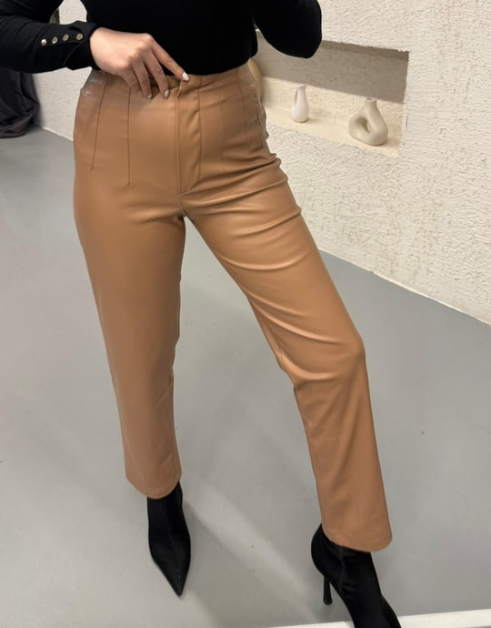 PANTLN-97H&R ButikÜst Kısmı Çizgili Deri Pantolon Camel