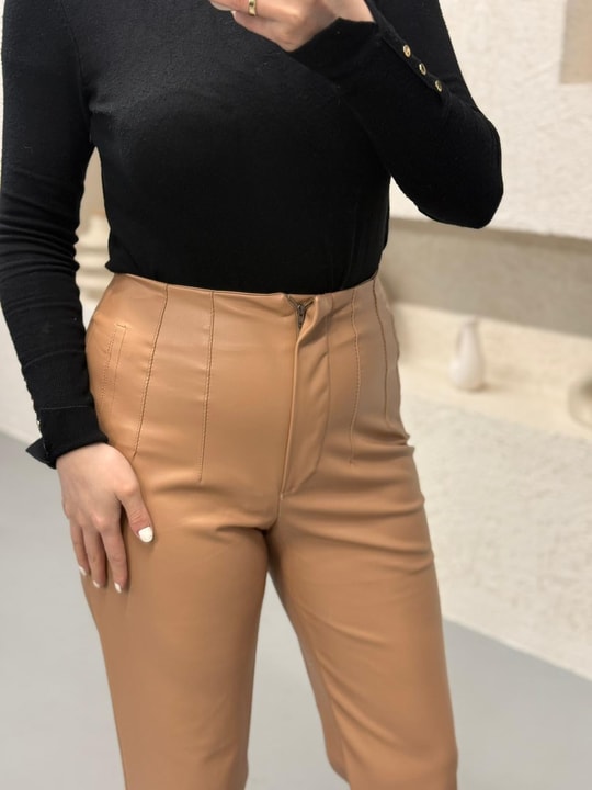 PANTLN-97H&R ButikÜst Kısmı Çizgili Deri Pantolon Camel