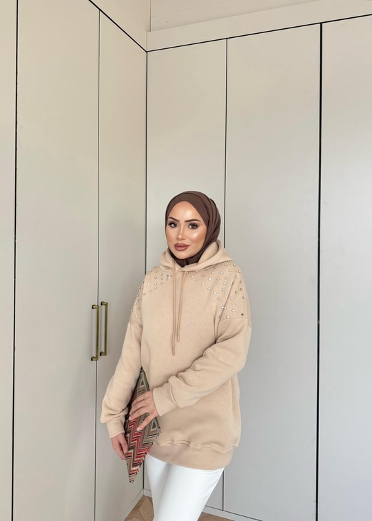 Sweat-228H&R ButikBoncuklu Sweat Camel