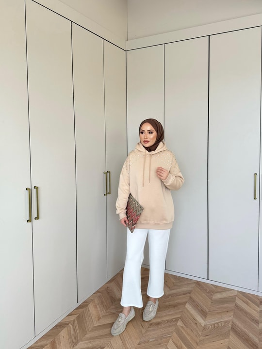 Sweat-228H&R ButikBoncuklu Sweat Camel