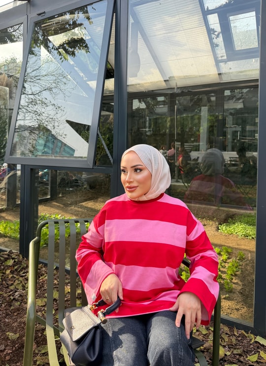 HR-3443H&R ButikEdos Çizgili Sweat Kırmızı Pembe