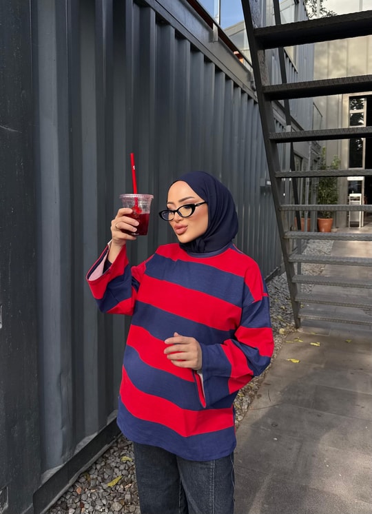 HR-3443H&R ButikEdos Çizgili Sweat Kırmızı Lacivert