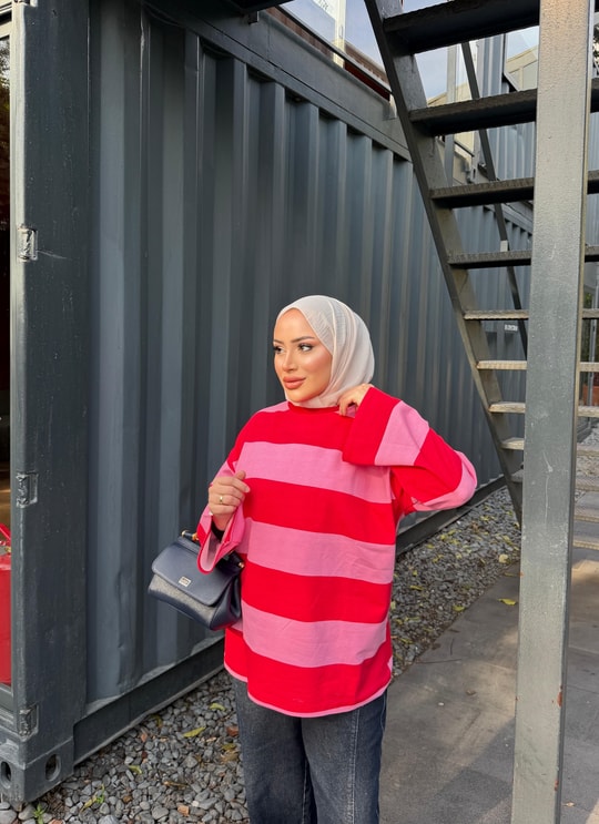 HR-3443H&R ButikEdos Çizgili Sweat Kırmızı Pembe