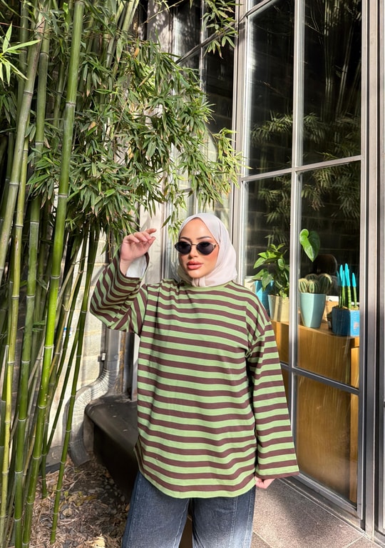 HR-3443H&R ButikEdos Çizgili Sweat Yeşil