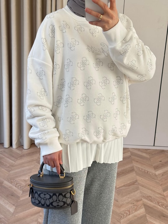 Sweat-232H&R ButikHap-G Desen Taşlı Sweat Beyaz