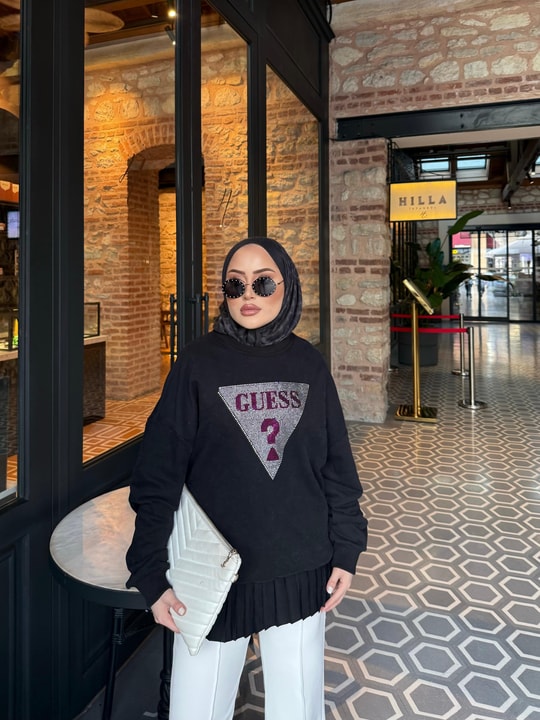 Sweat-219H&R ButikMuadil Pembe Taşlı Sweat Siyah