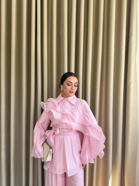 HR-1438H&R ButikAh- Ena Fırfır Detaylı Takım Pembe