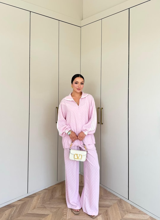 HR-1473H&R ButikBel - Ades Çizgi Detaylı Puantiyeli Takım Pembe