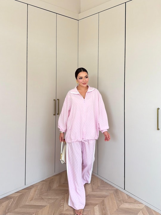 HR-1473H&R ButikBel - Ades Çizgi Detaylı Puantiyeli Takım Pembe