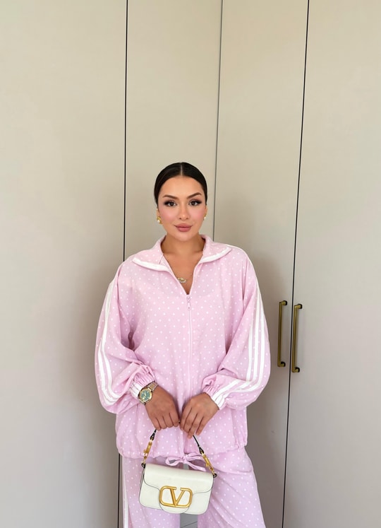 HR-1473H&R ButikBel - Ades Çizgi Detaylı Puantiyeli Takım Pembe