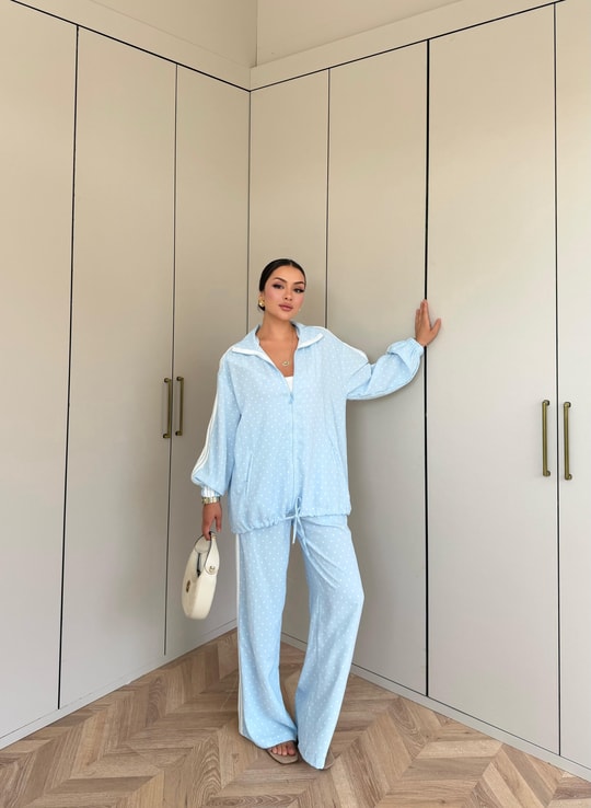 HR-1473H&R ButikBel - Ades Çizgi Detaylı Puantiyeli Takım Mavi