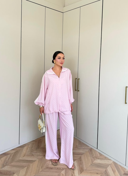HR-1473H&R ButikBel - Ades Çizgi Detaylı Puantiyeli Takım Pembe