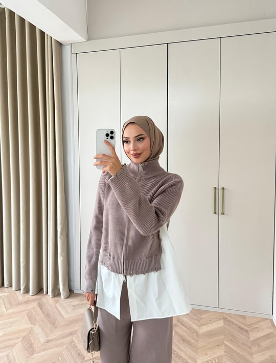 HR-3397H&R ButikDuq- Gömlek Detaylı Triko Takım Vizon