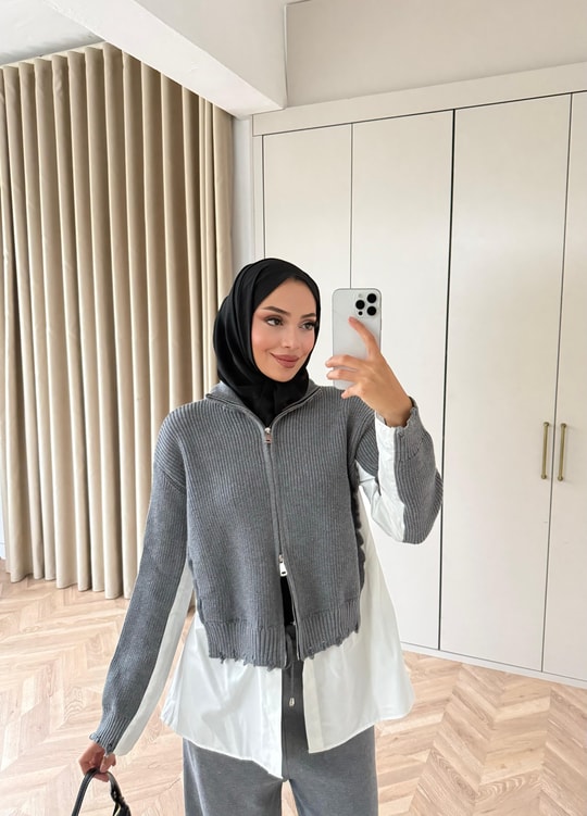 HR-3397H&R ButikDuq- Gömlek Detaylı Triko Takım Gri