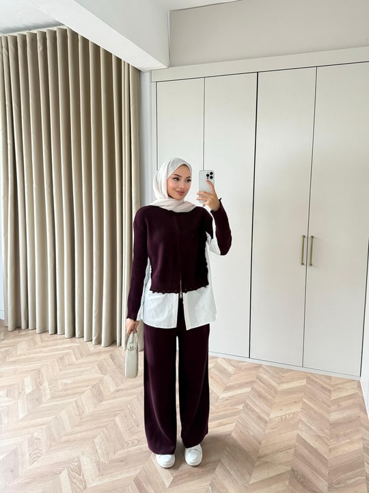 HR-3397H&R ButikDuq- Gömlek Detaylı Triko Takım Mürdüm