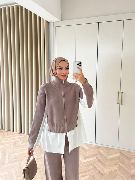 HR-3397H&R ButikDuq- Gömlek Detaylı Triko Takım Vizon