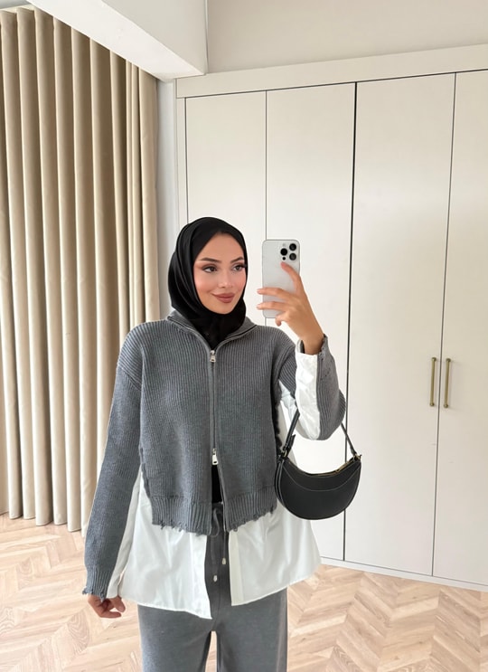 HR-3397H&R ButikDuq- Gömlek Detaylı Triko Takım Gri