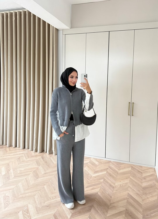HR-3397H&R ButikDuq- Gömlek Detaylı Triko Takım Gri