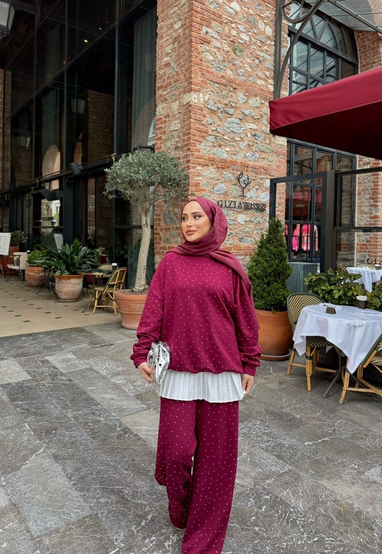 TAKM-1893H&R ButikErla Taş Detaylı Eşofman Takımı Bordo