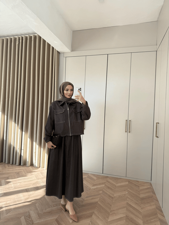 TAKM-2274H&R ButikEsm-Lili Fermuarlı Kot  Etekli Takım Kahve