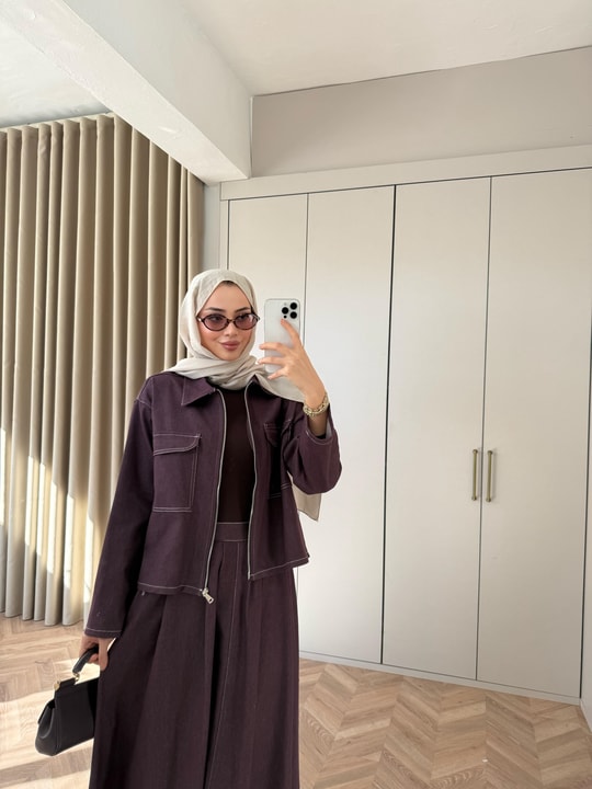 TAKM-2273H&R ButikEsm-Lili Fermuarlı Kot  Etekli Takım Mürdüm