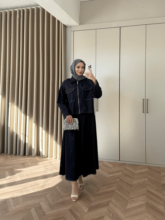 TAKM-2276H&R ButikEsm-Lili Fermuarlı Kot  Etekli Takım Lacivert