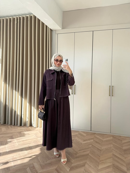 TAKM-2273H&R ButikEsm-Lili Fermuarlı Kot  Etekli Takım Mürdüm