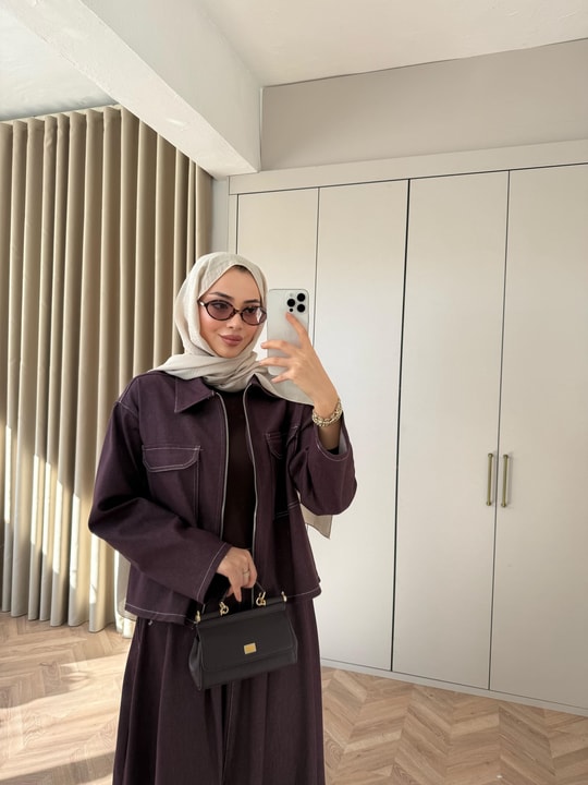 TAKM-2273H&R ButikEsm-Lili Fermuarlı Kot  Etekli Takım Mürdüm