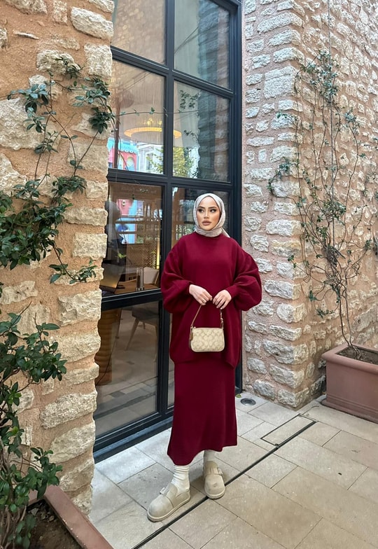 TAKM-1820H&R ButikEylül Balon Kol Etekli Takım Bordo