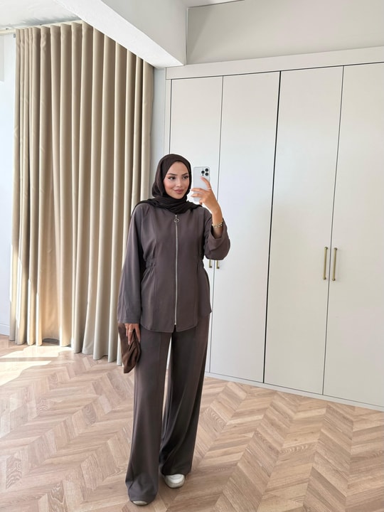HR-2921H&R ButikFus- Dina Yan Detaylı Oysh Takım Kahve