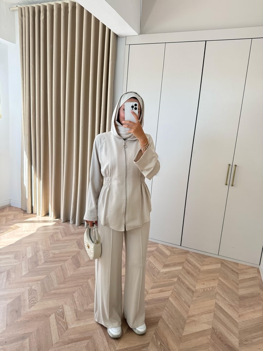 HR-2921H&R ButikFus- Dina Yan Detaylı Oysh Takım Bej