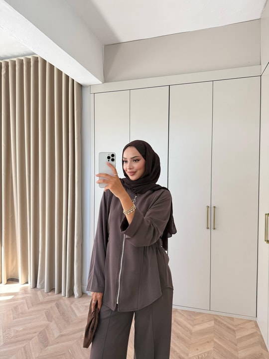 HR-2921H&R ButikFus- Dina Yan Detaylı Oysh Takım Kahve