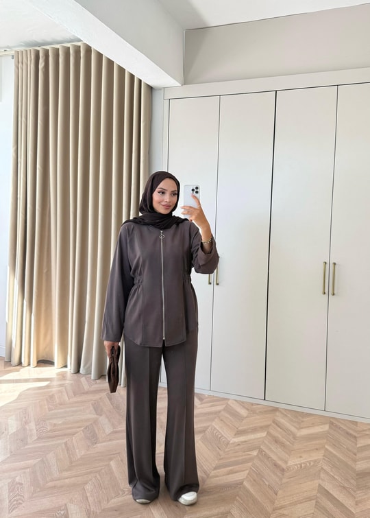HR-2921H&R ButikFus- Dina Yan Detaylı Oysh Takım Kahve