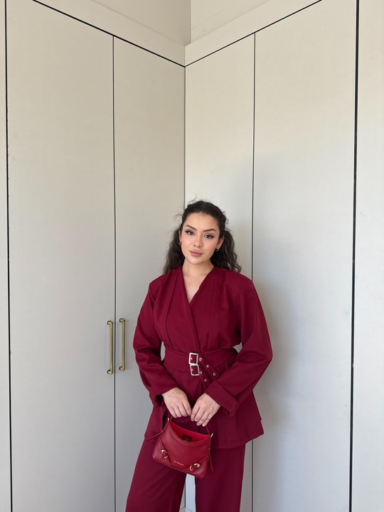HR-0925H&R ButikHap - LeaL Kemerli Ceket Takım Bordo