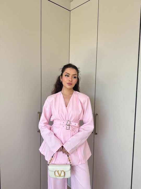 HR-0925H&R ButikHap - LeaL Kemerli Ceket Takım Pembe
