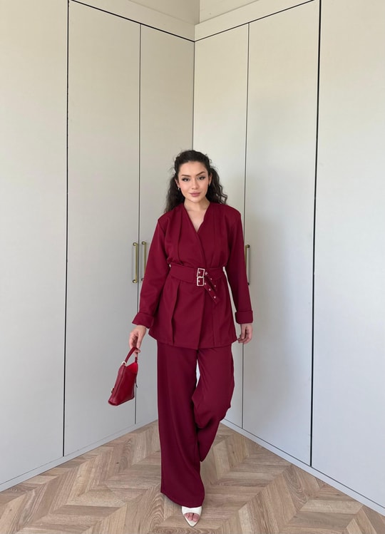 HR-0925H&R ButikHap - LeaL Kemerli Ceket Takım Bordo