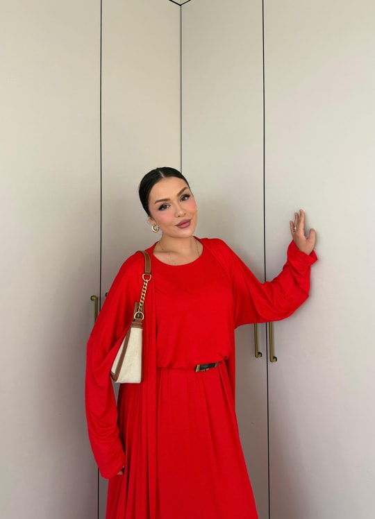 HR-2803H&R ButikHap - Perla Elbiseli 2 Li Takım Kırmızı