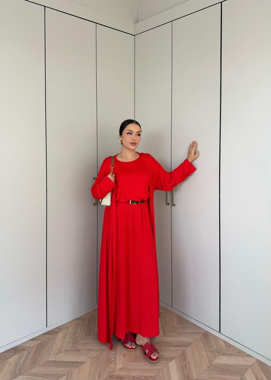 HR-2803H&R ButikHap - Perla Elbiseli 2 Li Takım Kırmızı