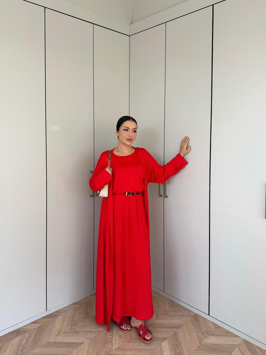 HR-2803H&R ButikHap - Perla Elbiseli 2 Li Takım Kırmızı