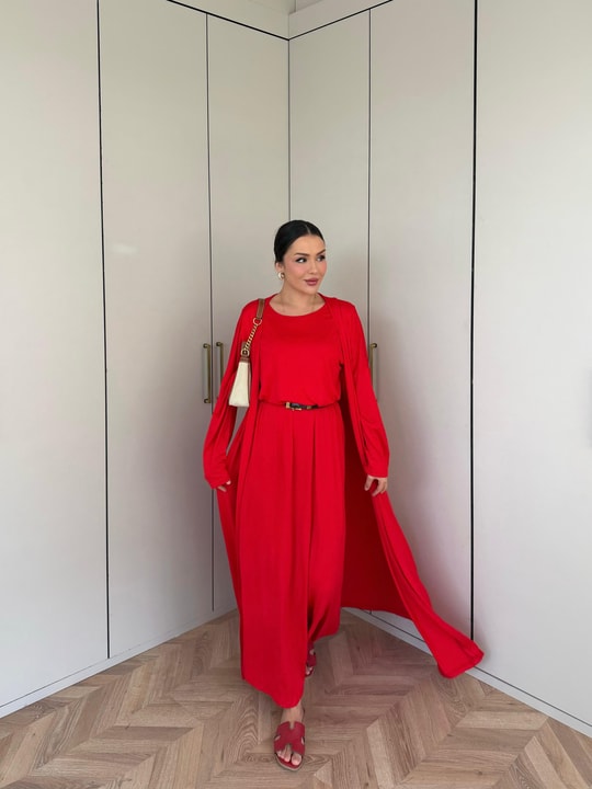 HR-2803H&R ButikHap - Perla Elbiseli 2 Li Takım Kırmızı