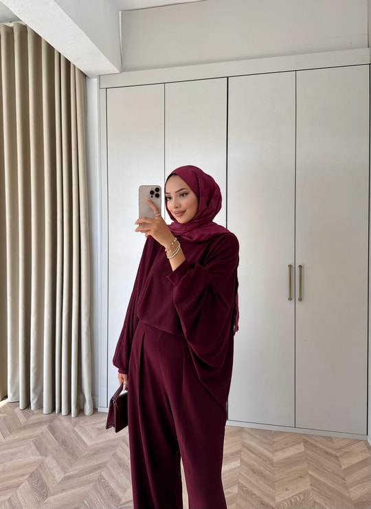 HR-2901H&R ButikHen- Fila Oversize Oysh Takım Bordo