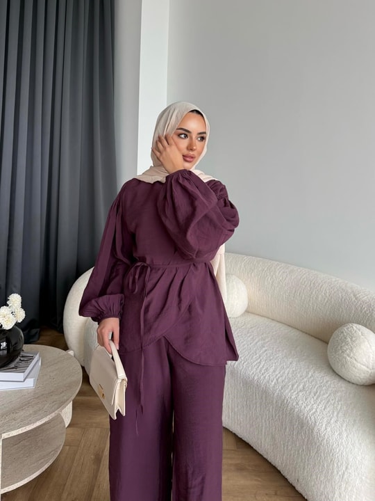 HR-2838H&R ButikHen - Gima Yan Pileli Modal Takım Mürdüm